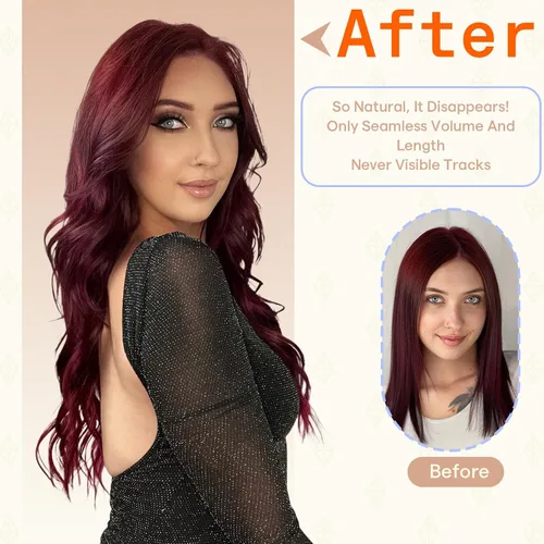 Miniatura 7 de Full Shine - Extensiones adhesivas de cabello humano Remy, 20 unidades, sin costuras, color vino tinto 99J (borgoña), de doble cara, 12 pulgadas