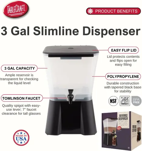 Miniatura 2 de TableCraft Dispensador de bebidas H953 de 3 galones, negro y transparente