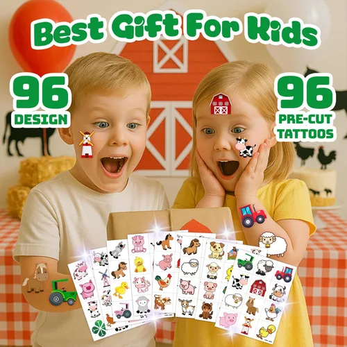Miniatura 4 de 96 tatuajes temporales de animales de granja brillantes Pegatinas luminosas de tractor de granja para niños, recuerdos y decoraciones de fiesta