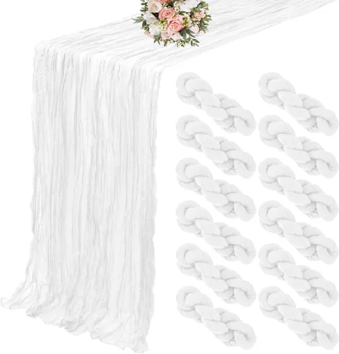 Paquete de 12 caminos de mesa de estopilla de 20 x 120 pulgadas, camino de mesa de tela de queso a granel, romántico, bohemio, tela de gasa Blanco