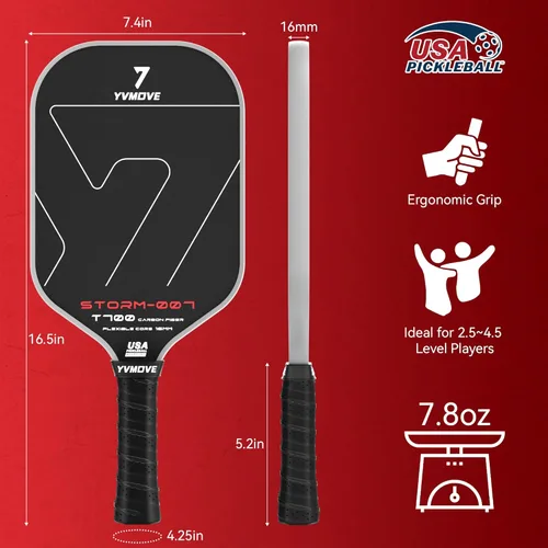 Miniatura 8 de YVmove T800 Carbon Fiber Pickleball Paddle with 16mm Dynamic Core, Premium Pickle Ball Thermoformed Unibody, Elongated Shape, Enhanced Power & Negro