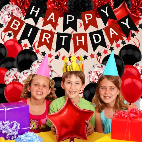 Miniatura 6 de Decoraciones de cumpleaños negro y rojo – Cartel de feliz cumpleaños para niños, niñas, hombres y mujeres, suministros de fiesta