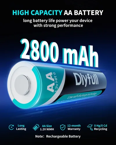 Miniatura 2 de DLYPOW Baterías AA recargables, baterías recargables AA de alta capacidad de 2800 mAh con baja autodescarga, baterías dobles A de larga duración