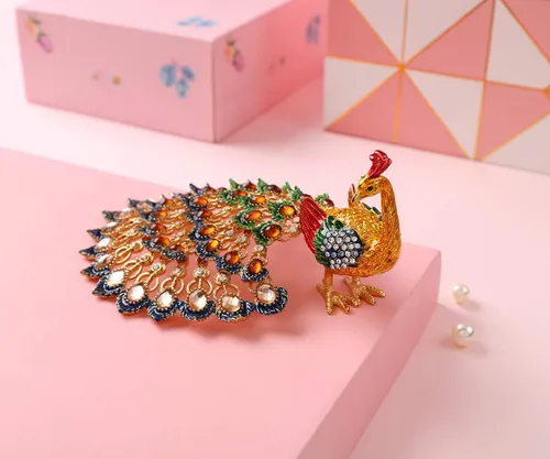 Miniatura 5 de Joyero esmaltado con bisagras de pavo real, pintados a mano, adornos de animales, regalo artesanal para decoración del hogar (dorado)