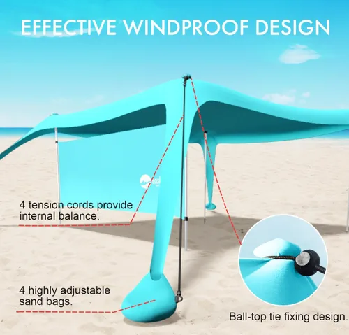 Miniatura 6 de Beach Canopy Tent Shade with Sidewalls 10x10FT, 6.6FT Tall, UPF50+ Sun Shelter, Windproof & Water Resistant, Includes Guylines Sand Shovel Stability