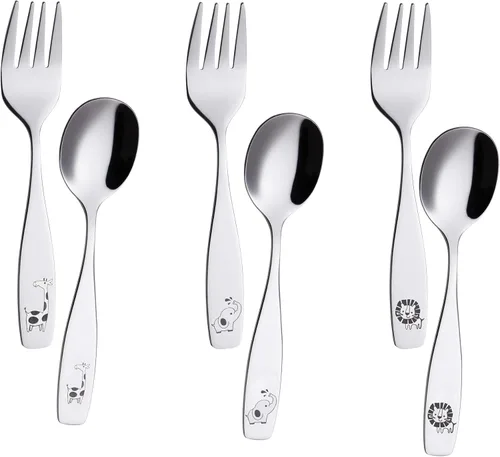 Miniatura 11 de ANNOVA Juego de cubiertos para niños de 6 piezas de acero inoxidable - 2 tenedores seguros, 2 cuchillos de cena, 2 cucharas de cena, utensilios