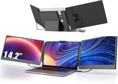 Extensor de pantalla de 14'' portátil Plug-and-Play, extensor de monitor de laptop IPS de 1080P, altavoz integrado, monitor triple HDMI/USB-A/Tipo-C