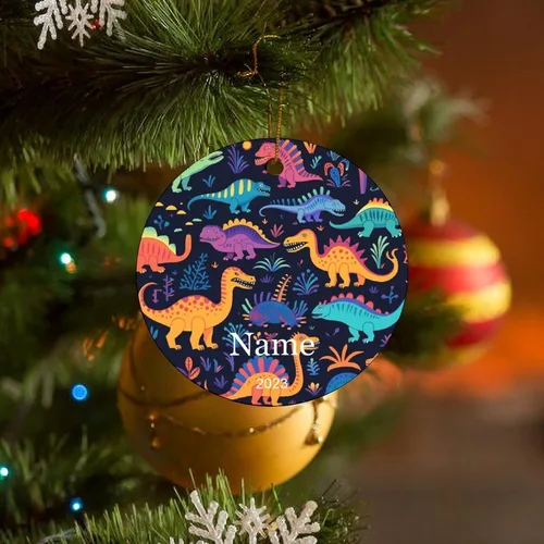 Miniatura 7 de Adorno colorido con patrón de dinosaurio de 3 pulgadas, adorno de Navidad de cerámica de 3 pulgadas, bonito adorno de Navidad de dibujos animados
