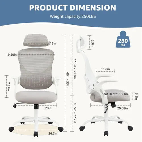 Miniatura 3 de Silla de oficina, sillones de escritorio ergonómicos con soporte lumbar ajustable y reposabrazos abatibles, silla de trabajo de malla con respaldo