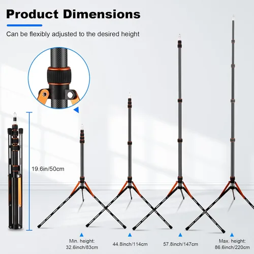 Miniatura 5 de Soonpho Soporte de luz portátil ajustable de fibra de carbono de 7 pies con trípode reversible de 180°, altura máxima de 86.5 pulgadas para cámara