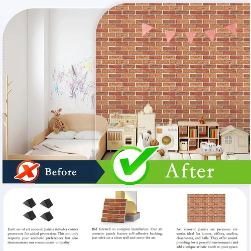 Miniatura 5 de Paquete de 12 paneles acústicos, paneles de insonorización autoadhesivos con patrón de ladrillo 3D para paredes, paneles de pared decorativos