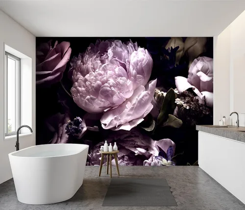Miniatura 3 de Papel tapiz de flores botánicas de peonía negra y púrpura para sala de estar, dormitorio, baño, flores oscuras, mural grande de pared - 137"x96