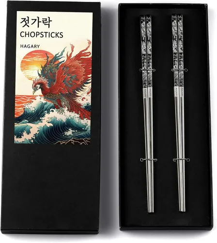 Phoenix Palillos de metal reutilizables, diseñados en Corea, estilo japonés, acero inoxidable 316 18/10, antideslizantes, aptos para lavavajillas,
