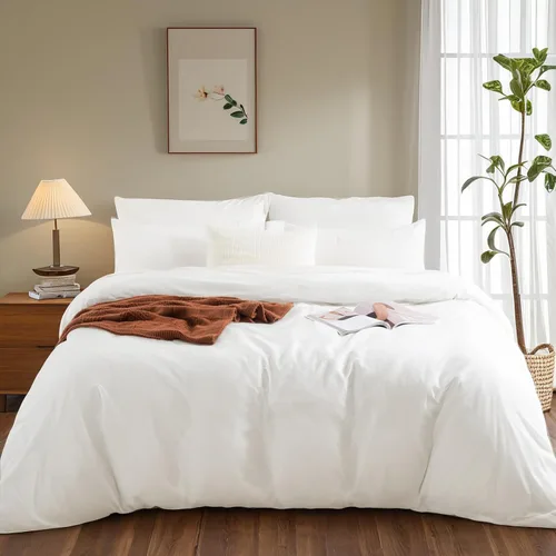 Miniatura 2 de NEXHOME PRO Funda de edredón de algodón para niños, tamaño twin, aspecto de lino, blanco, orgánico, natural, 100% algodón lavado, juego de ropa