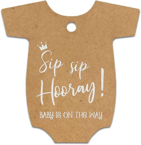 Summer-Ray - Mameluco para bebé, 50 unidades, para baby shower, etiquetas de agradecimiento, sorbo, sorbo, hurro, bebé, está en camino, (marrón