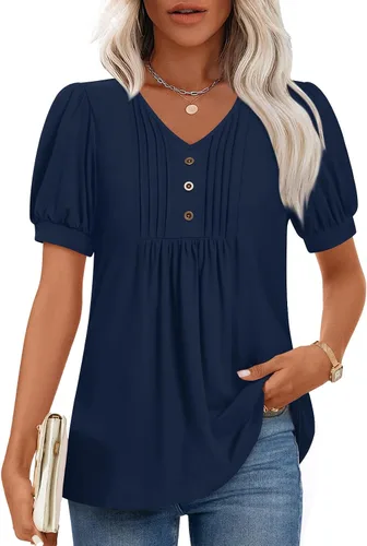 Miniatura 12 de Findsweet Blusas de túnica de verano para mujer, tops casuales y elegantes, manga corta, M-3XL