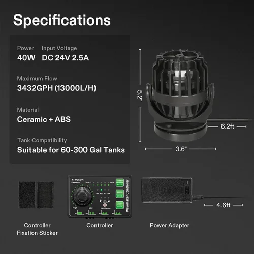 Miniatura 6 de VIVOSUN Aquarium Wave Maker, 3432GPH 40W Bomba de circulación con controlador y base de succión magnética, cabezal de potencia sumergible ajustable