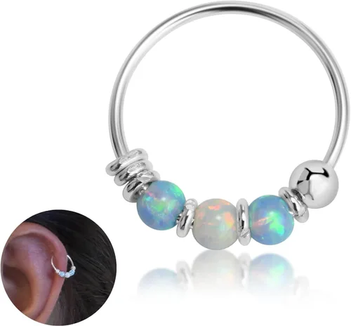 925 Plata de Ley Oro 14K Aro de Piercing de Hélice - Pendiente de Cartílago Ópalo para Mujeres - Pequeño 10MM Delgado 22 Calibre Plateado-azul-blanco