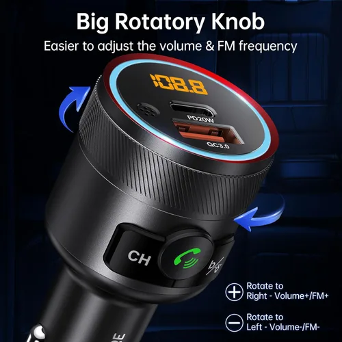 Miniatura 6 de Syncwire Transmisor FM Bluetooth 5.4 para coche, 38 W PD y QC3.0 Dual USB Carga Bluetooth Adaptador de coche Micrófono y sonido de graves MP3 Negro