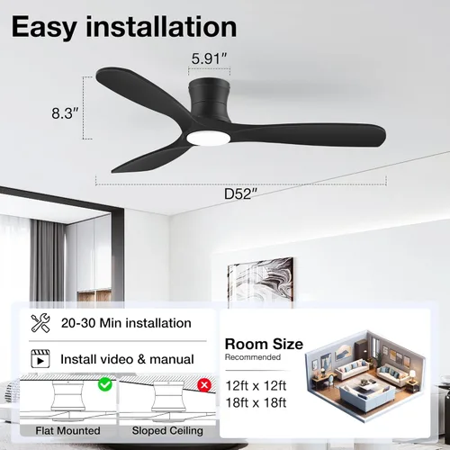Miniatura 7 de Hoenofly - Ventilador de techo inteligente de madera de 52" de bajo perfil con luces y control remoto, motor CC silencioso, ventiladores de techo