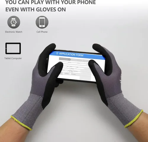Miniatura 3 de LOCCEF - Guantes de trabajo con revestimiento de nitrilo de microespuma, 6 pares, guantes de nailon de punto sin costuras, guantes de trabajo grises