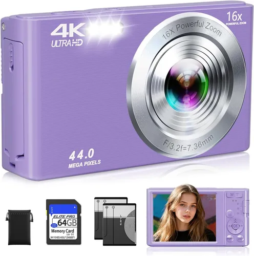 Miniatura 10 de Cámara digital 4K, cámara digital compacta digital de enfoque automático, zoom digital de 16X, cámara de viaje mejorada con tarjeta SD de 64 GB, 2