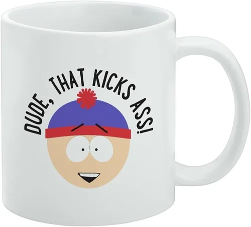 South Park Stan That Kicks A** - Taza de café de cerámica, novedosa taza de regalo para café, té y bebidas calientes, 11 onzas, color blanco