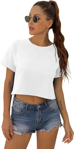 Miniatura 3 de Blusa corta de verano para mujer, manga corta, cuello redondo, ajuste holgado, blusa casual