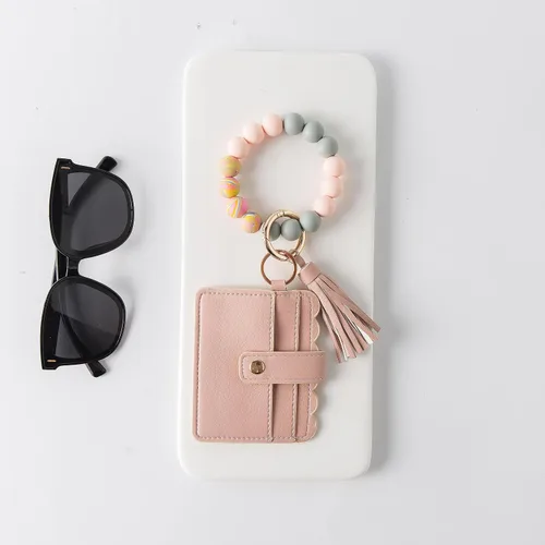 Miniatura 2 de Real Sic Pulsera de pulsera llavero billetera, soporte para tarjetas de crédito con cuentas de silicona, funda multifuncional de moda para tarjetas