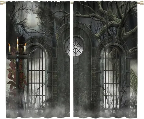 Miniatura 21 de Cortinas góticas con diseño de luna de Halloween, historia, puerta espeluznante, fondo de terror, vela, ficción, patrón de impresión, sala de estar