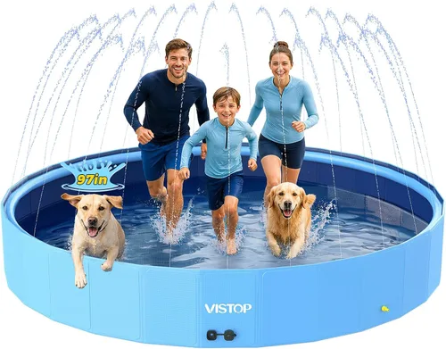 VISTOP Piscina plegable para perros de 97 pulgadas con rociador, piscina grande de carcasa dura para mascotas, piscina plegable antideslizante para