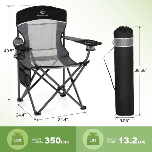 Miniatura 2 de LET'S CAMP Paquete de 2 sillas de campamento con respaldo de malla, portátil, plegable, resistente, para exteriores, 330 libras, silla de brazo Negro