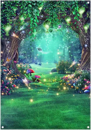 Telón de fondo de tela de bosque encantado de 5 x 7 pies, cuento de hadas, país de las maravillas, hongos, mariposas, fondo de fotografía,