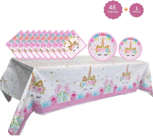 Juego de decoración de cumpleaños de unicornio, platos y servilletas de unicornio, 32 platos, 16 servilletas, 1 mantel