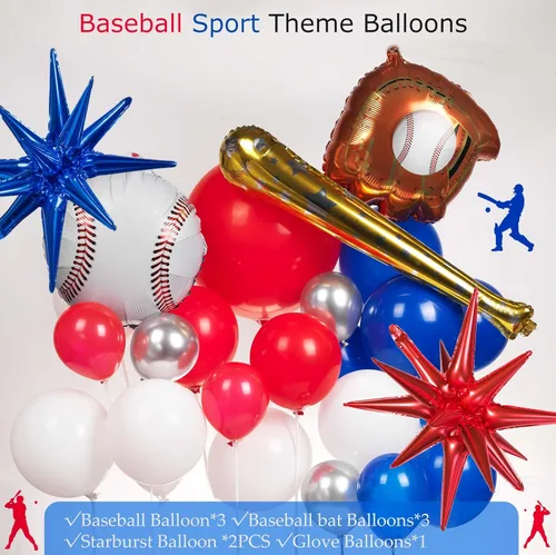 Miniatura 6 de Kit de arco de guirnalda de globos de béisbol de 150 piezas, globos de papel de aluminio rojos, azules, blancos, plateados y con estrella de bate