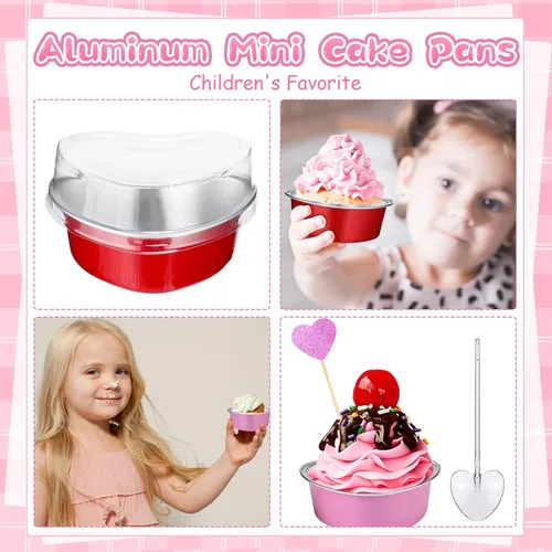 Miniatura 7 de El juego de 300 moldes para tartas de corazón incluye 3.4 onzas de aluminio desechable de San Valentín, molde para hornear postres, cuchara de Rojo