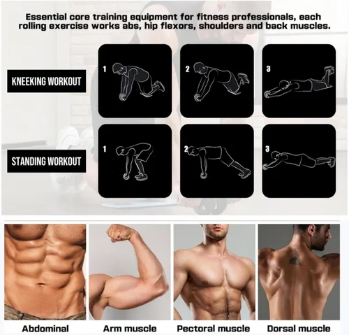 Miniatura 3 de Rueda de rodillo abdominal y rodillera, equipo de entrenamiento de abdominales para entrenamiento de fuerza abdominal y central, ruedas de ejercicio