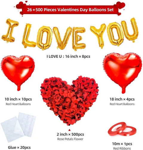 Miniatura 2 de kortes Kit de globos y globos de corazón con pétalos de rosa, decoraciones del día de San Valentín para fiesta