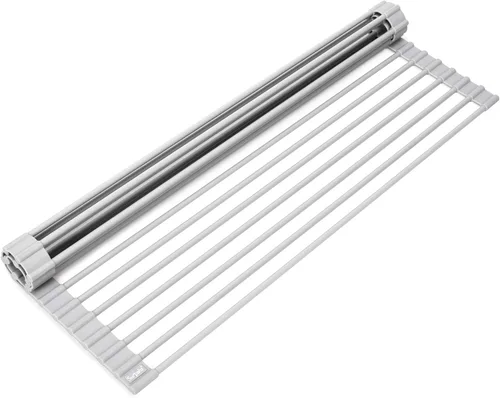 Surpahs Escurridor plegable multiusos para colocar sobre el fregadero, acero inoxidable envuelto en silicona, gris cálido, 20.5 x 13.1 pulgadas