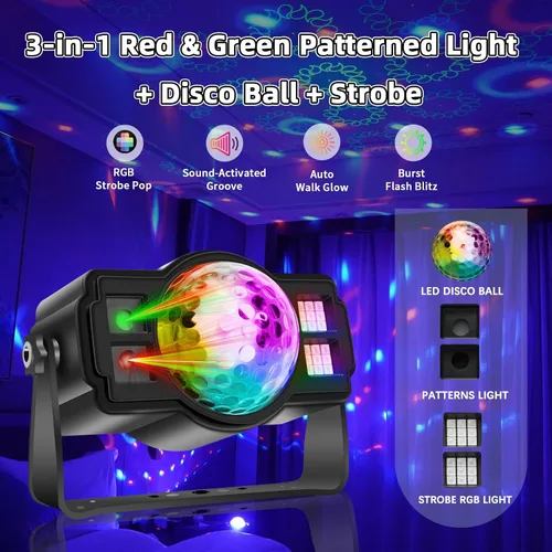 Miniatura 2 de Luces de fiesta de bola de discoteca 3 en 1, luz estroboscópica de DJ activada por sonido con 60 patrones, proyector LED alimentado por USB
