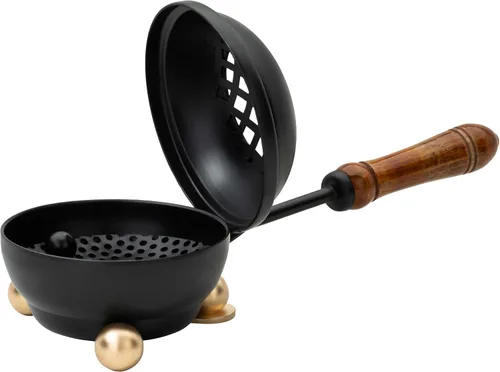 Miniatura 4 de Quemador de incienso de hierro negro con mango de madera y tapa plegable, incensario prémium de 4.72 pulgadas (diámetro) para quemar incienso