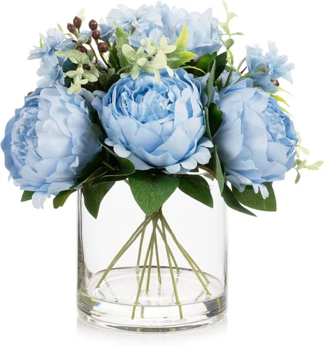 ENOVA FLORAL Arreglo floral artificial con jarrón, mezcla de peonías artificiales de seda falsa en jarrón para decoración en casa, oficina, centro