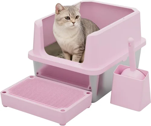 Miniatura 8 de RIZZARI Pequeña caja de arena para gatos de acero inoxidable con alfombrilla de control de seguimiento, bandeja de arena abierta y fácil de limpiar