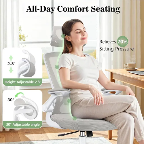 Miniatura 7 de BESTFAIR Silla de oficina ergonómica, sillas de oficina de malla transpirable con soporte lumbar ajustable, brazos abatibles, silla de escritorio