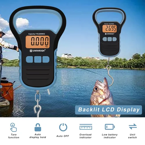 Miniatura 6 de Báscula de pesca impermeable con pinza de labio, báscula de equipaje colgante postal de 110 libras con gancho, báscula de mano digital con cinta
