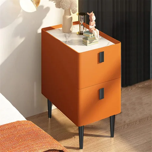 Miniatura 13 de Mesita de noche moderna de madera maciza con almacenamiento de 2 cajones, parte superior de mármol, práctica mesa auxiliar auxiliar para dormitorio
