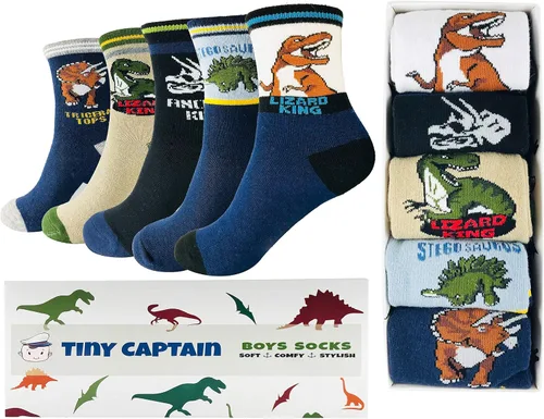 Miniatura 2 de Calcetines de dinosaurio para niños de 4 a 7 años, el mejor regalo de 7 a 10 años, calcetines de algodón para niños, paquete de 5