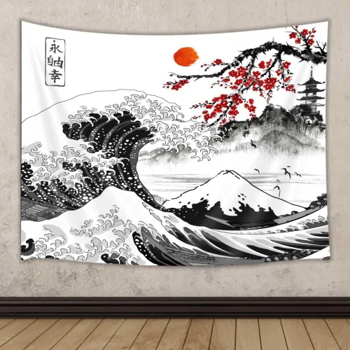 Miniatura 12 de Viajar Japanese Cherry Blossom Tapestry, Pink Sakura Landscape Wall Hanging with Red Moon Pagoda Bridge Waterfall, Asian Aesthetic Wall Decor for
