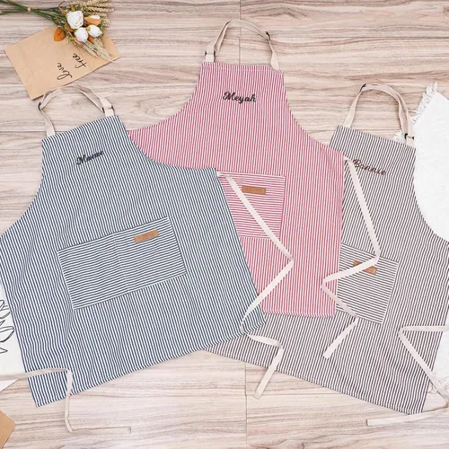 Miniatura 4 de Delantal personalizado para mujeres, hombres y niños, bordado con nombre y texto, delantales personalizados a rayas para adultos con bolsillos