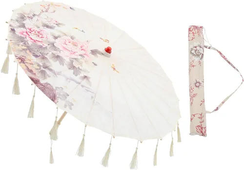 Miniatura 6 de Homoyoyo Sombrilla de tela con patrón de flores, sombrilla de tela de seda japonesa china con bolsa de borlas, kimono Hanfu, suministros de disfraz